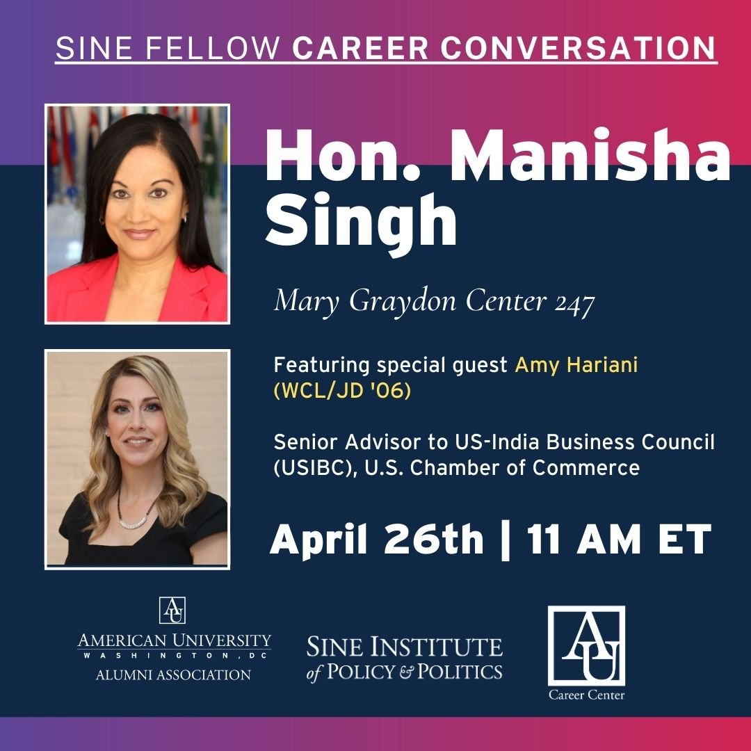 Don't miss an opportunity to get free career advice from #2024SineFellow, @AUWCL alumna and former Assistant Secretary of State for Economic and Business Affairs @manishasingh TOMORROW, April 26th at 11 AM in MGC 247! Register now: american.swoogo.com/ManishaSingh
