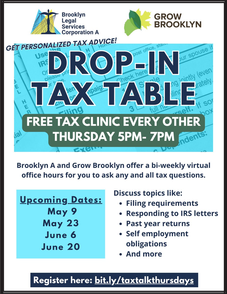 🌱TODAY!! 4/25🌱 🌱Drop-In Tax Table Thursday!!🌱 Brooklyn A (@bkalegal) and Grow Brooklyn experienced professionals will be answering all your questions regarding taxes between 5pm & 7pm! Sign up at bit.ly/taxtalkthursda… 🌱#growbrooklyn #brooklyna