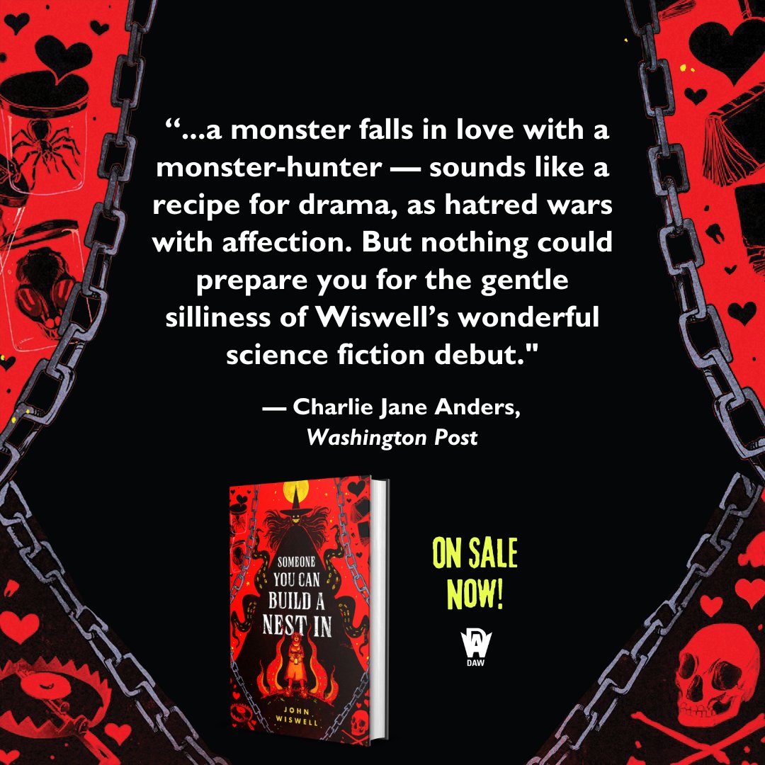 We love John Wiswell's monster! A gory gooey monster romance, bound in the body and fiercely sweet. Check out Charlie Jane Anders' review of SOMEONE YOU CAN BUILD A NEST IN at the Washington Post: washingtonpost.com/books/2024/04/…