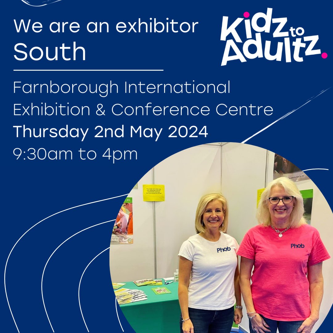 Next Thursday, we are at the latest @kidztoadultz event in Farnborough! 🎉 We'll be at stand V5 all day, so if you're visiting, interested in our #PhabClubs, Adventures and more, come and say hello. 👋🗣️ Register for your free tickets below👇📲 kidzexhibitions.co.uk/kidz-south/