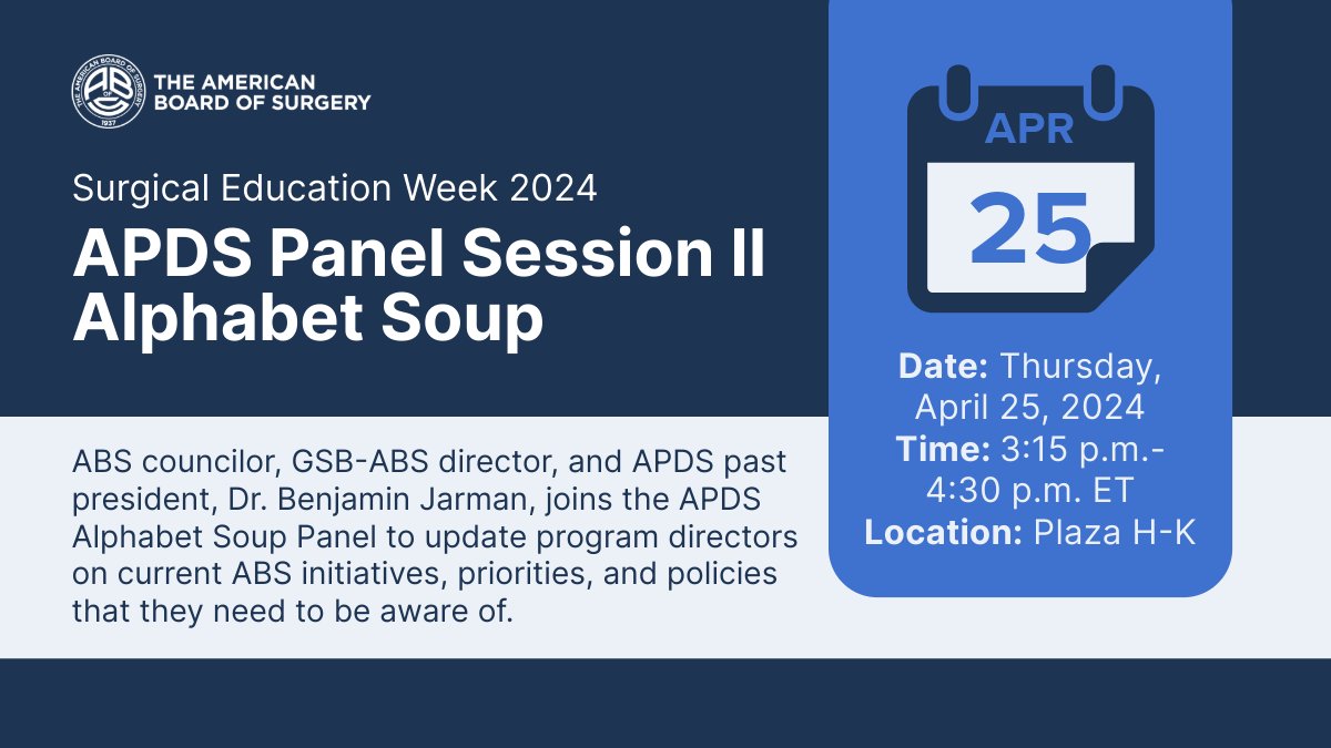 Next on today's agenda, ABS councilor, #GSBABS director & APDS past president, Dr. Benjamin Jarman, joins the @APDSurgery #AlphabetSoup Panel to update program directors on current ABS initiatives, priorities, and policies.