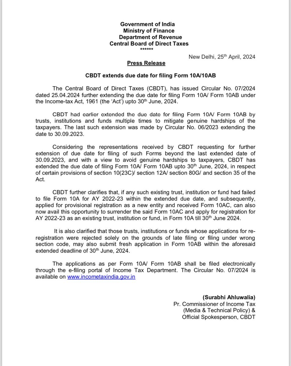 CBDT extends the due date for filing Form 10A/ Form 10AB under the Income-tax Act, 1961 for trusts, institutions & funds upto 30th June, 2024. 

Form 10A & Form 10AB is an application form filed by trusts/institutions who wish to get themselves registered for income tax…