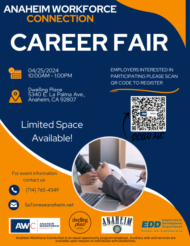 If you’re looking for a career change or a re-start, don’t miss out on this morning’s @AWConnection #CareerFair at @DwellingPlace_A. It’s time for your new path! @City_of_Anaheim, @CA_EDD, #SD34