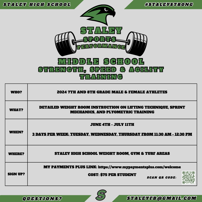 StaleyFootball's tweet photo. Summer 2024 Middle School Strength, Speed and Agility training opportunity open for ALL athletes!  Excited to get 2024-25 7th-8th grade male and female athletes into the weight room and begin athletic development for high school. Register on mypaymentsplus. See Flyer for info. https://t.co/nQt2f5xQTH