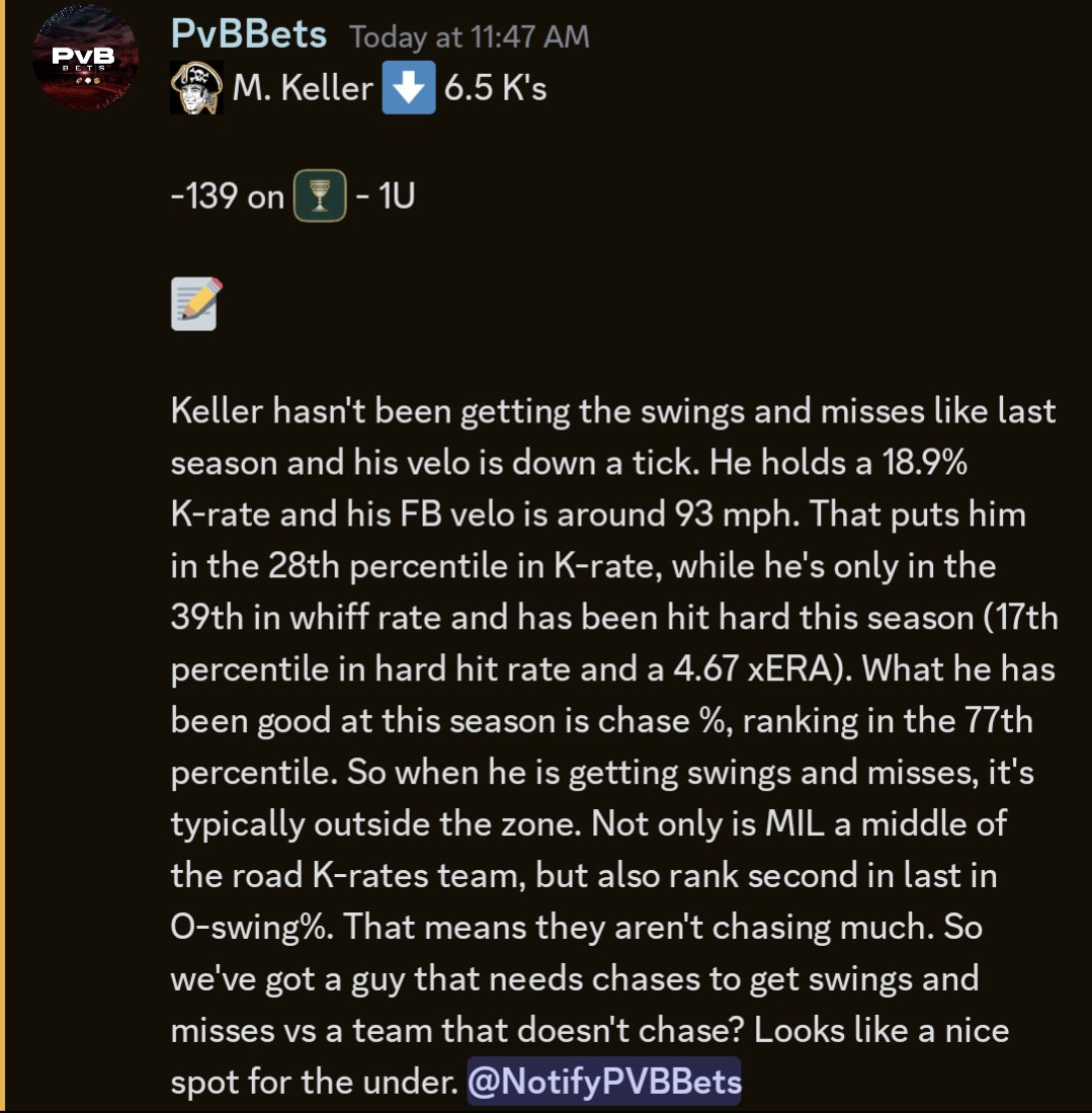 PvbBets's tweet image. 2 plays I'm on for the early game 🫡

🏴‍☠️ M. Keller ⬇️ 6.5 K's 🏴‍☠️
-139 on Caesars - 1U💵

💂 T. McKenzie ⬇️ 5.5 K's 💂
+120 on DraftKings - 1U💵

Check out 📝's below 👇

Excited for some day baseball! 

#GamblingTwitter