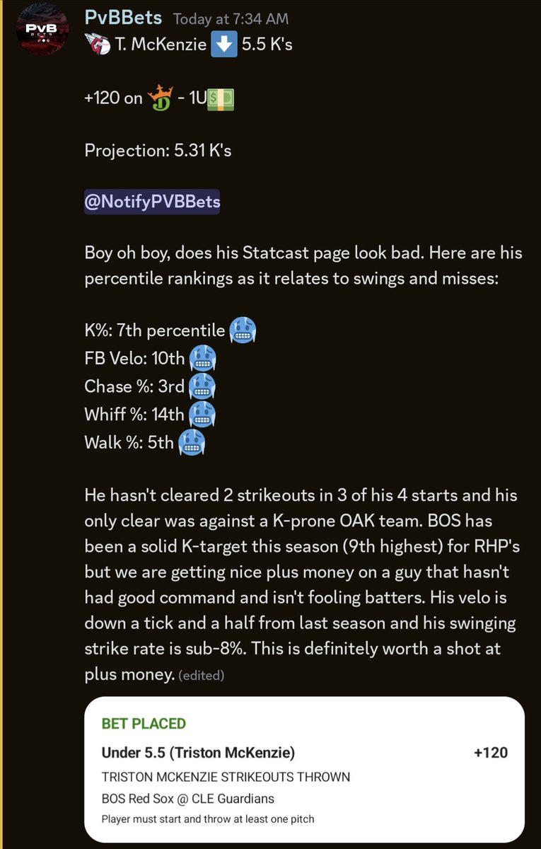 PvbBets's tweet image. 2 plays I'm on for the early game 🫡

🏴‍☠️ M. Keller ⬇️ 6.5 K's 🏴‍☠️
-139 on Caesars - 1U💵

💂 T. McKenzie ⬇️ 5.5 K's 💂
+120 on DraftKings - 1U💵

Check out 📝's below 👇

Excited for some day baseball! 

#GamblingTwitter