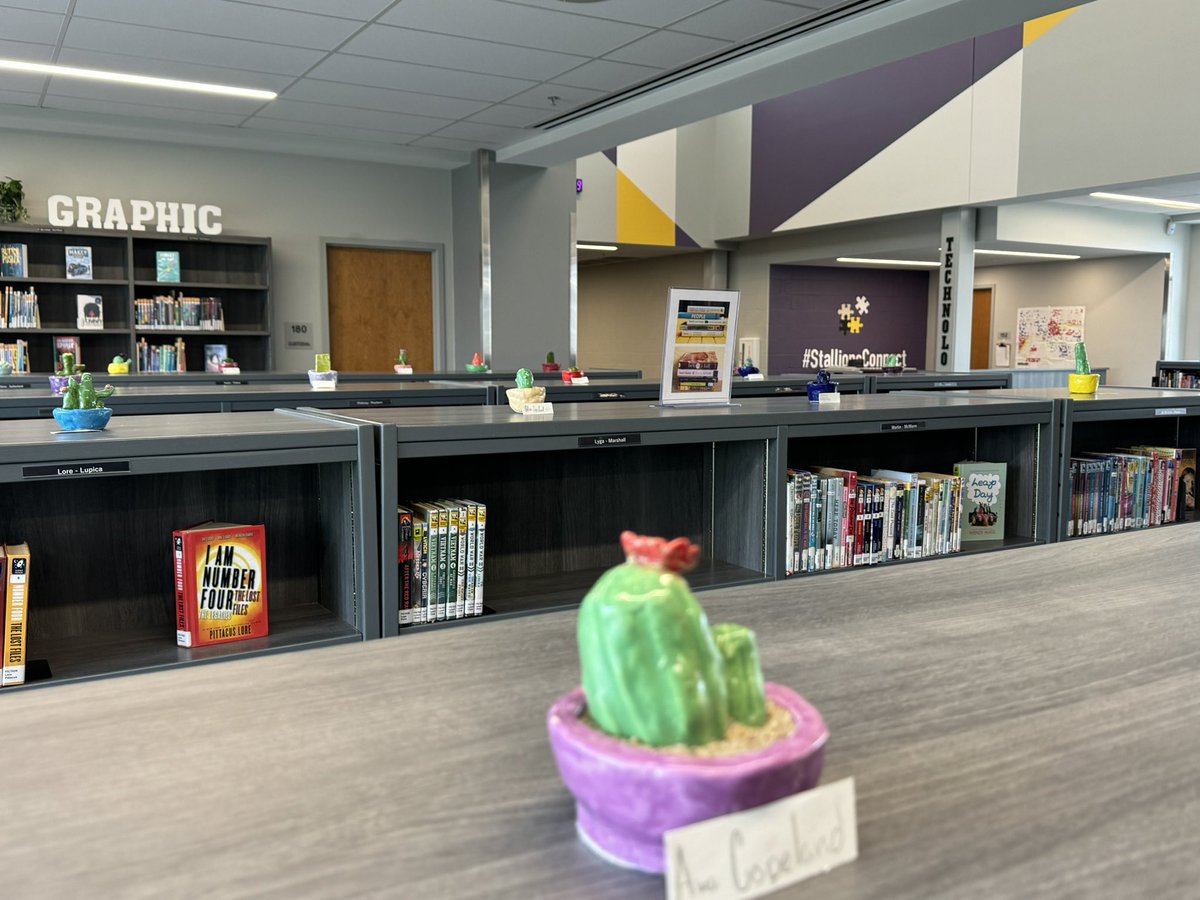 WSMSMediaCenter's tweet photo. I love all the pottery adorning our shelves! Sixth grade Stallions made these succulents in Jessica Clary-Gazzano’s art classes. #StallionLibrarianPoV #Learn230 https://t.co/fJXXxX0v9g