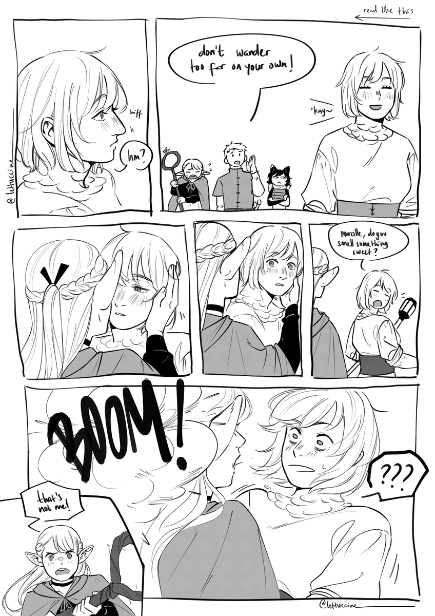 quick comic bc i wanted to draw that last panel before finally working on other things

featuring pining farcille, izutsumi being their only braincell, and laios who owe them some explanation..?

#dungeonmeshispoiler !!! esp for succubus chapter 