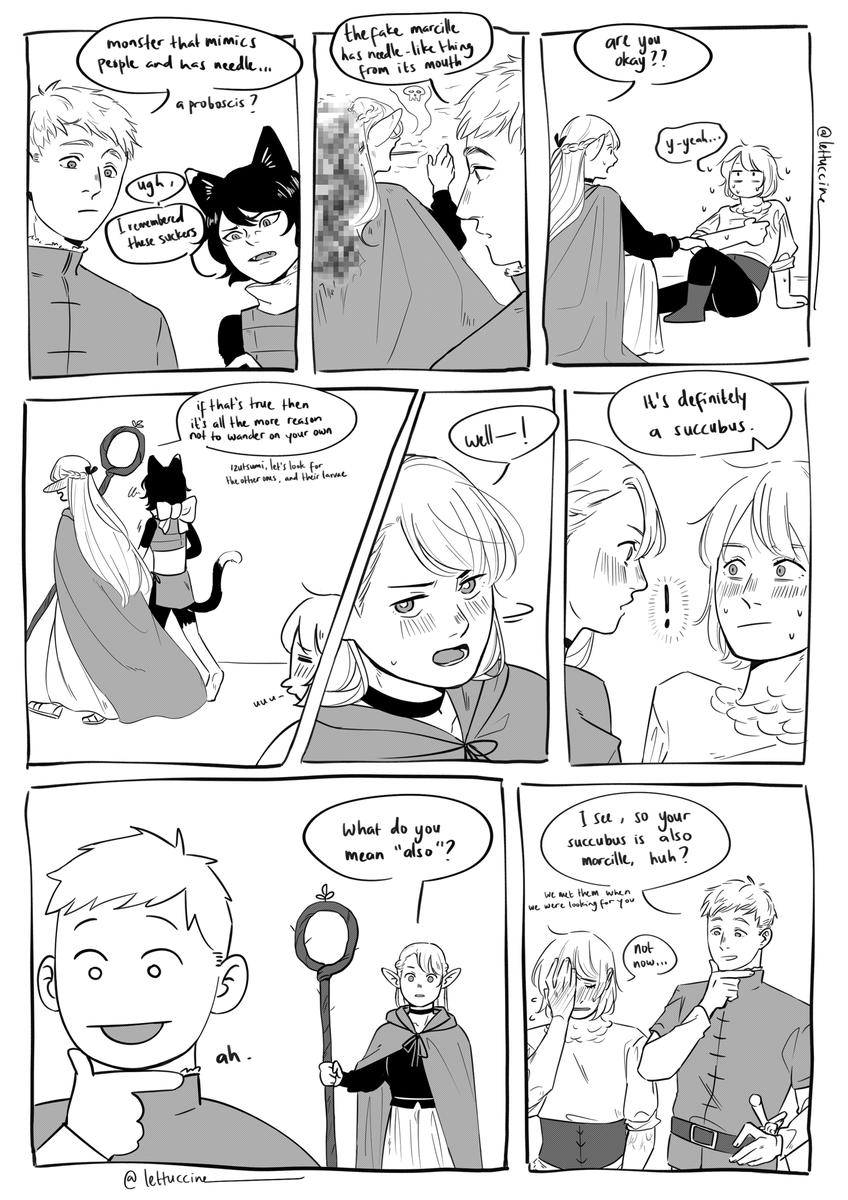 quick comic bc i wanted to draw that last panel before finally working on other things

featuring pining farcille, izutsumi being their only braincell, and laios who owe them some explanation..?

#dungeonmeshispoiler !!! esp for succubus chapter 