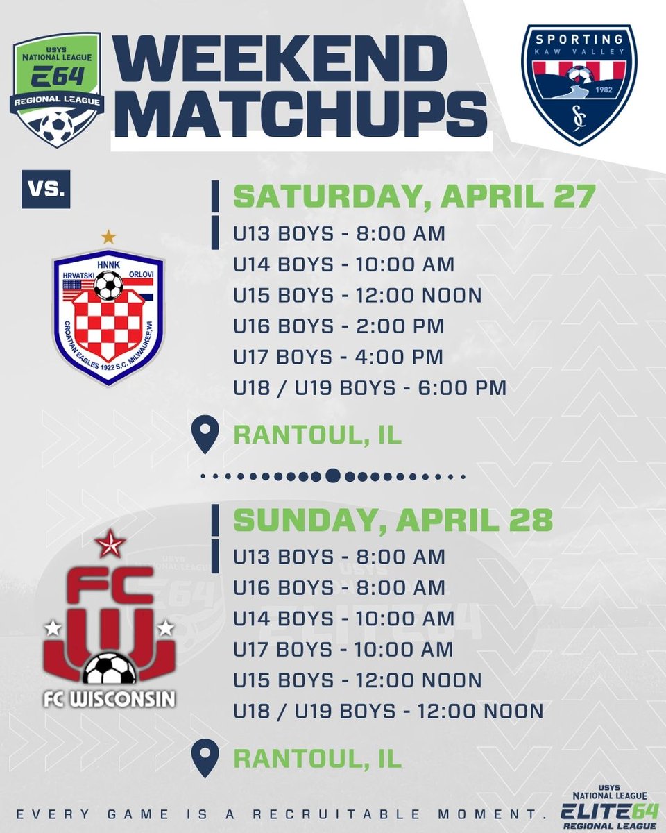 Another weekend FULL of conference matchups 🔥

Good Luck to all of our boys teams in their E64 matches this week! 👏 Show them how you do it #TheValleyWay 👀

@nationalleaguesoccer

#elite64 #usys #usyssoccer #hometownclub #lawrenceks #topeka #manhattanks #threecitiesoneclub