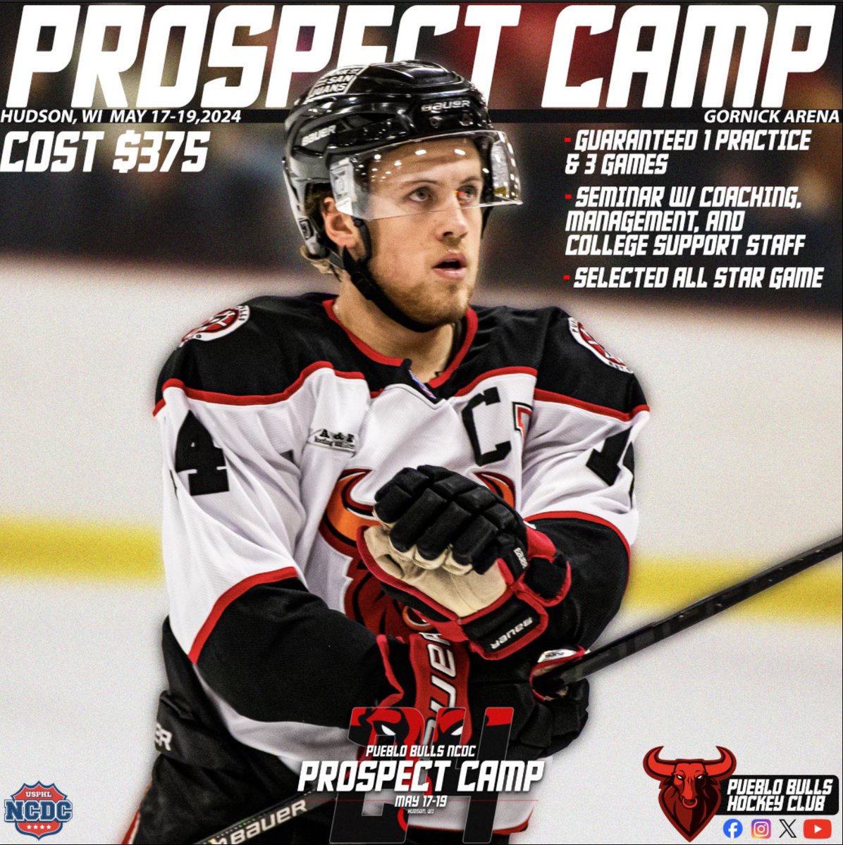 PUEBLO BULLS WISCONSIN NCDC PROSPECT CAMP 🗓️ May 17-19 📍 Hudson, WI 2004-2008 birth years SIGN UP: forms.donorsnap.com/form?id=18F7C3…