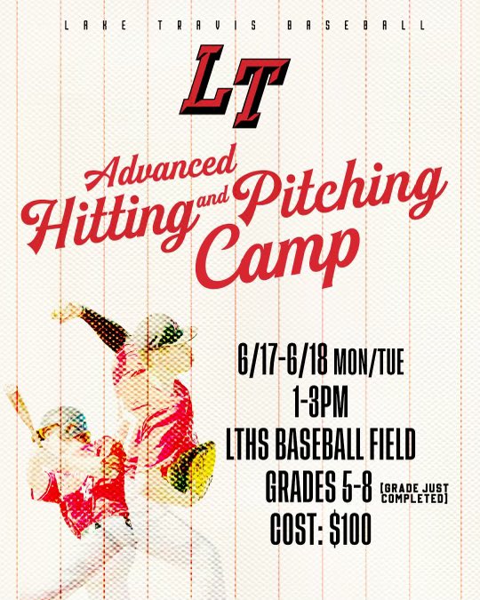 New this year! Sign up for the 2 Day Advanced Hitting or Pitching Camp. Grades 5-8 (just completed). Click the link: ltisd.revtrak.net/rw-summer-camp/ #Together