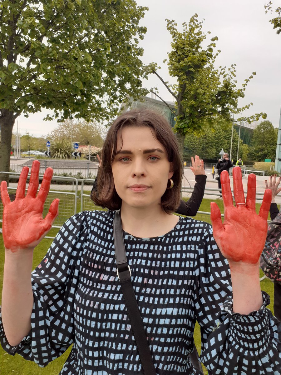We were there. Several of us got arrested outside for having red on our hands to mimic the blood on BP's... Maybe we shouldn’t be surprised by military scale security at the BP AGM when they're operating a pipeline supplying oil to Israeli fighter jets. #BPMustFall