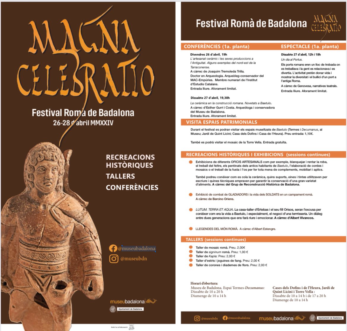 𝐗𝐈𝐗 𝐌𝐀𝐆𝐍𝐀 𝐂𝐄𝐋𝐄𝐁𝐑𝐀𝐓𝐈𝐎 𝐁𝐀𝐄𝐓𝐔𝐋𝐎𝐍𝐈𝐒 Del 26 al 28 d’abril: Festival Romà de #Badalona Tallers i espectacles de reconstrucció i recreació històrica romana. Amb la participació de 𝐁𝐚𝐫𝐜𝐢𝐧𝐨 𝐎𝐫𝐢𝐞𝐧𝐬 Vos Expectamus! #Baetulo #MagnaBDN #MagnaCelebratio