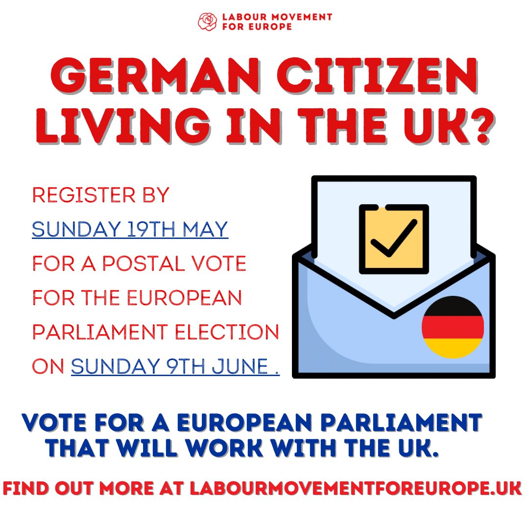 German living in the UK or know someone who is? You can still vote in the European elections if you register now for a postal vote and help elect a European Parliament that will work with the UK. Find out more in: elections.europa.eu/de/how-to-vote…