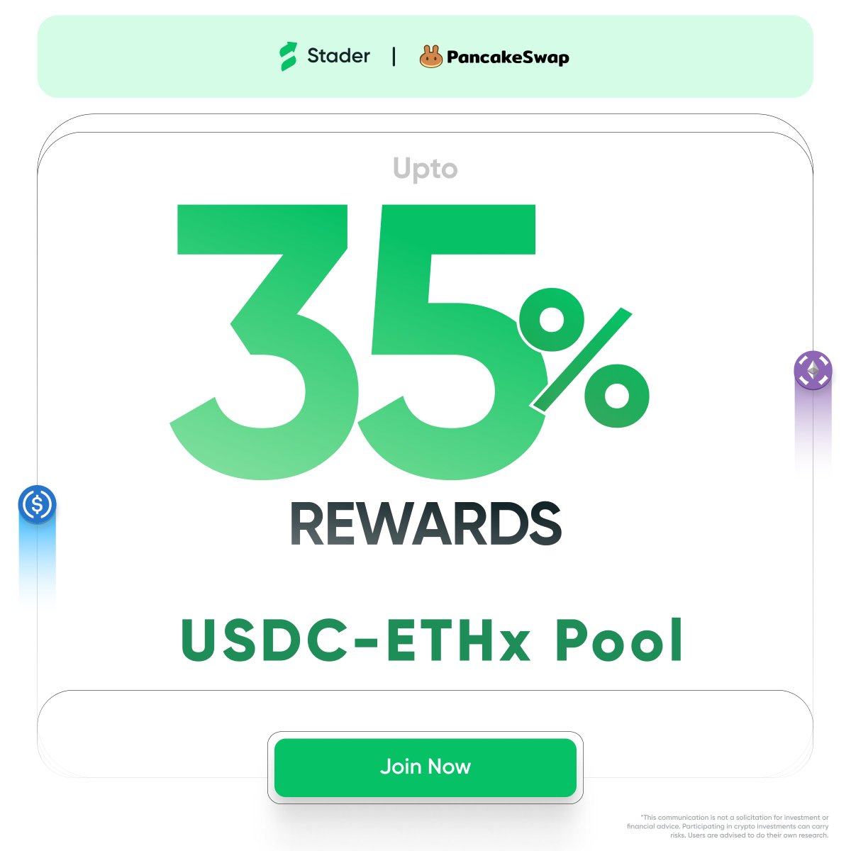 Get up to 35% rewards with $ETHx! Add liquidity to the $USDC - $ETHx pool on @PancakeSwap & get: 💠 $CAKE rewards 💠 $ETHx staking rewards Deposit now! 💰 pancakeswap.finance/position-manag…