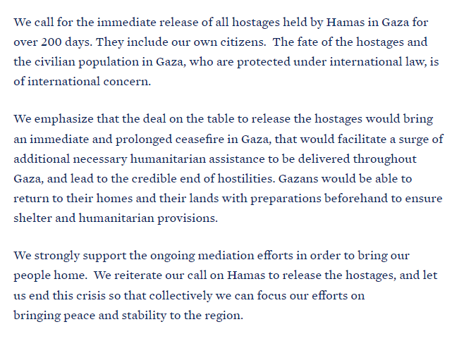 The leaders of the U.S., Argentina, Austria, Brazil, Bulgaria, Canada, Colombia, Denmark, France, Germany, Hungary, Poland, Portugal, Romania, Serbia, Spain, Thailand, and the United Kingdom issued a joint statement calling for the immediate release of all hostages held by Hamas