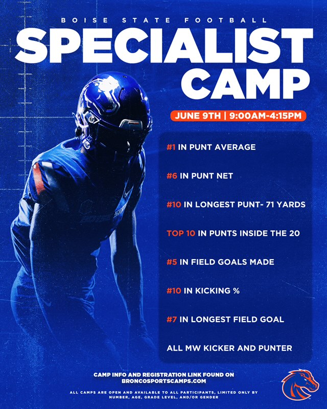 There might not be a better opportunity to fine tune your craft than our Specialist Camp... June 9️⃣: Specialist Camp Info/Registration: BroncoSportsCamps.com #BleedBlue | #BuiltDifferent