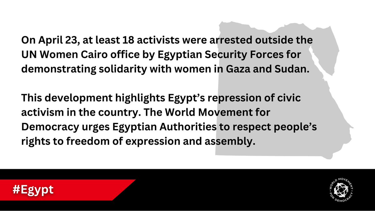 #Egypt: On April 23, at least 18 activists were arrested for demonstrating solidarity with women in Gaza and Sudan.  

While most of those arrested have been released, this development violates people’s rights to freedom of expression. Learn more: bit.ly/3QjRSdw