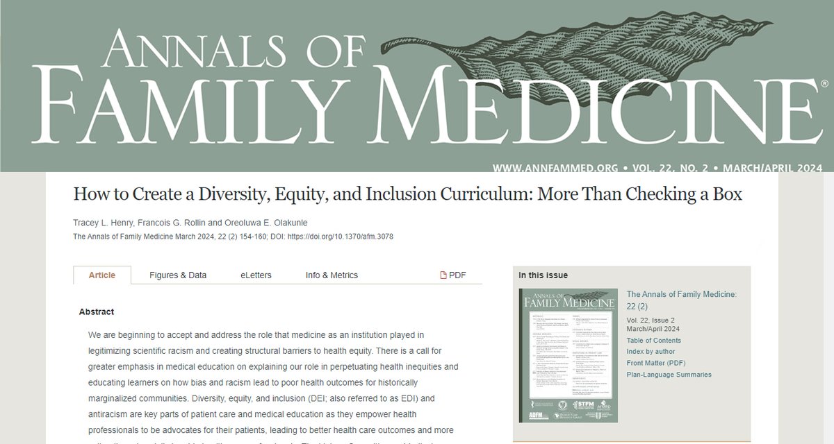 📰@EmoryMedicine @EmoryDeptofMed @EmoryGIM present a new approach to threading (cohesively incorporating) diversity, equity, and inclusion (DEI) and antiracist concepts throughout all aspects of undergraduate medical education annfammed.org/content/22/2/1… @docwithapurpose @olakunleore