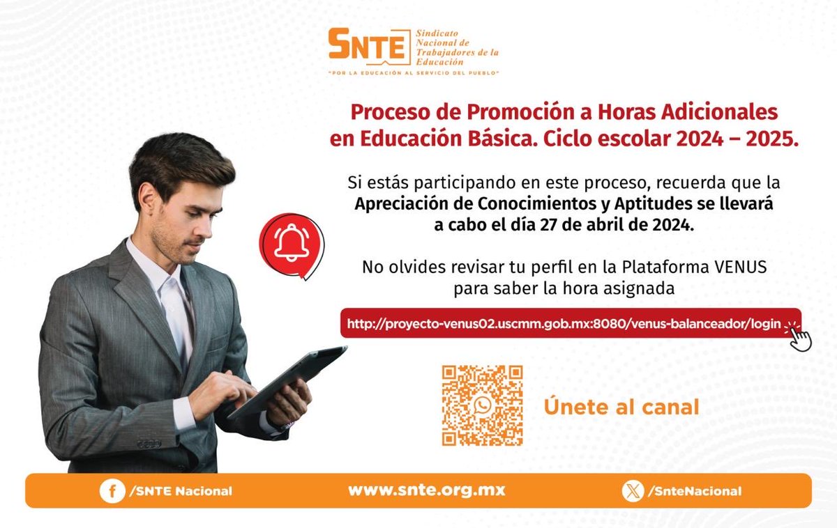 IvanDesdeCDMX's tweet photo. ‼️Atención‼️

🟠 Si participas en el Proceso de Promoción a Horas Adicionales en Educación Básica, 2024-2025  🗓️ 

Recuerda que la Apreciación de Conocimientos y Aptitudes será el 📅 #27deAbril de 2024.

Revisa en la Plataforma VENUS  hora asignada. 👇🏽
🔗 https://t.co/AluppOvxIM https://t.co/Qtv1PGegSo