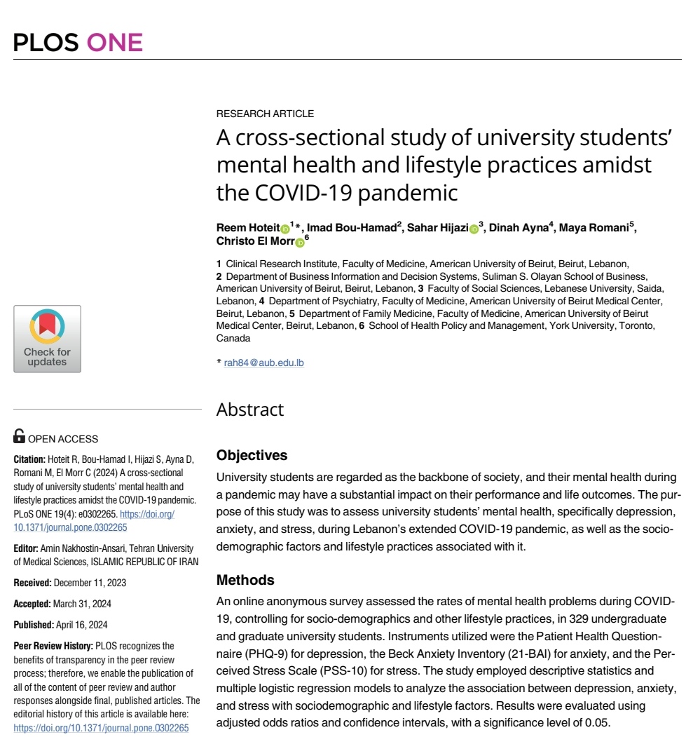 Reem_Hoteit's tweet photo. Our recently #published article in @PLOSONE found that #university_students #MentalHealth have been hit hard during the #COVID19Pandemic!
Full article:
https://t.co/KKMetH9w6g
#1st #corresponding
@imadb15 @MayaRomani https://t.co/KET9jD9wQK