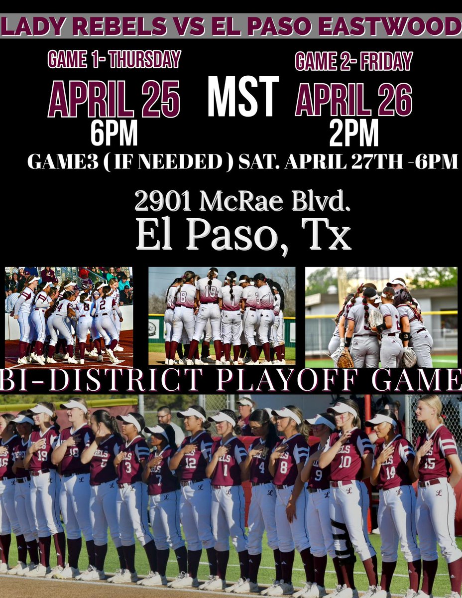 Best of luck to LHS Lady @RebSoftball as they head to El Paso for Bi-District Playoffs! Play hard & give it your all, ladies!! GO REBELS! #RebelNation #ProudToBeARebel