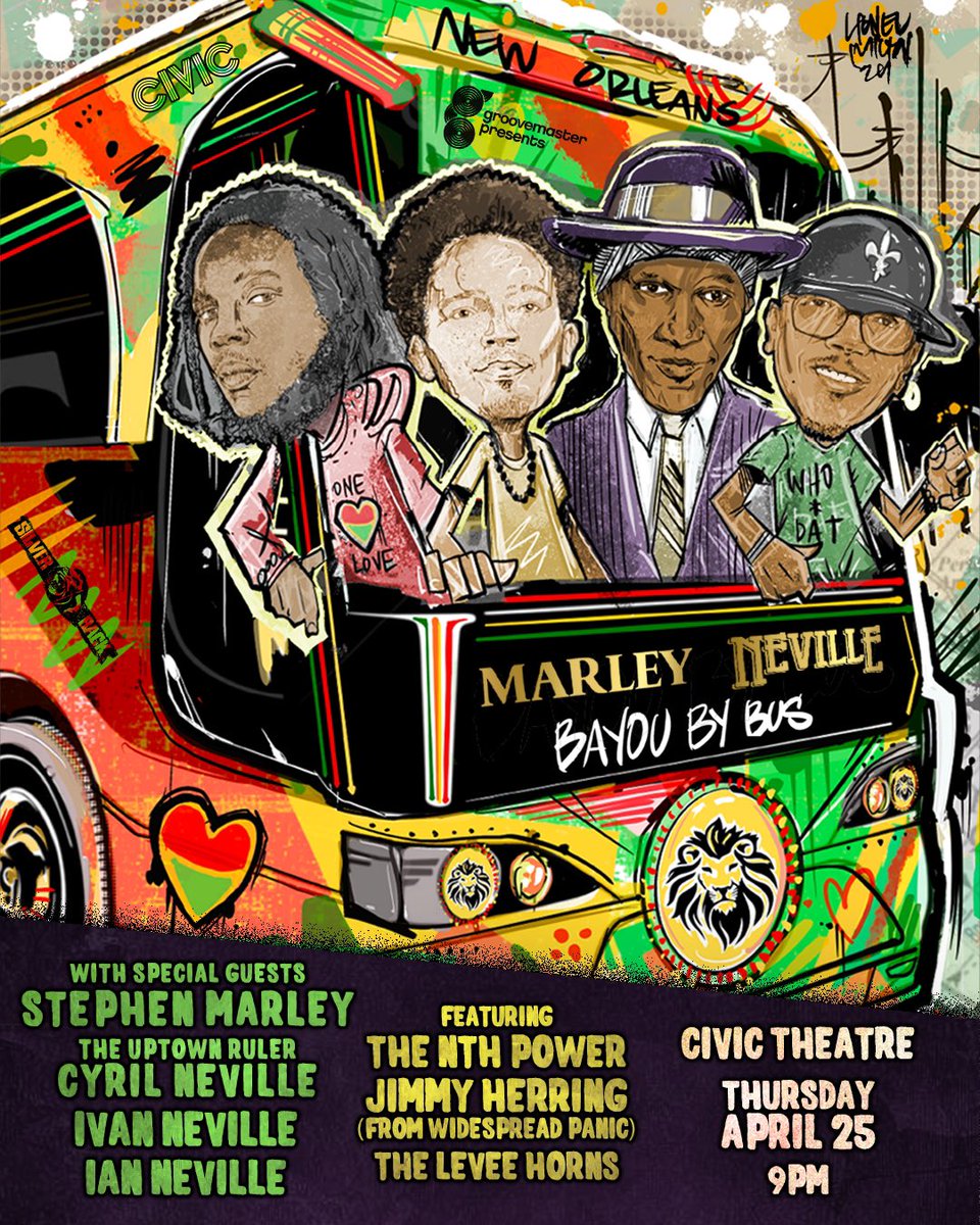 ⚜️TONIGHT!! Celebrate Night 1 of #Jazzfest w/ #BAYOUBYBUS performing the music of @BobMarley ft @CyrilNeville13 @StephenMarley <a href="/IvanNeville/">Ivan Neville</a> <a href="/IanNeville504/">Ian Neville</a> <a href="/TheNthPowerVibe/">The Nth Power</a> and many more <a href="/CivicNola/">Civic Theatre</a> 4/25. Doors 9pm, Show 10pm. 

🎫Limited tickets available: shorturl.at/sCGT7