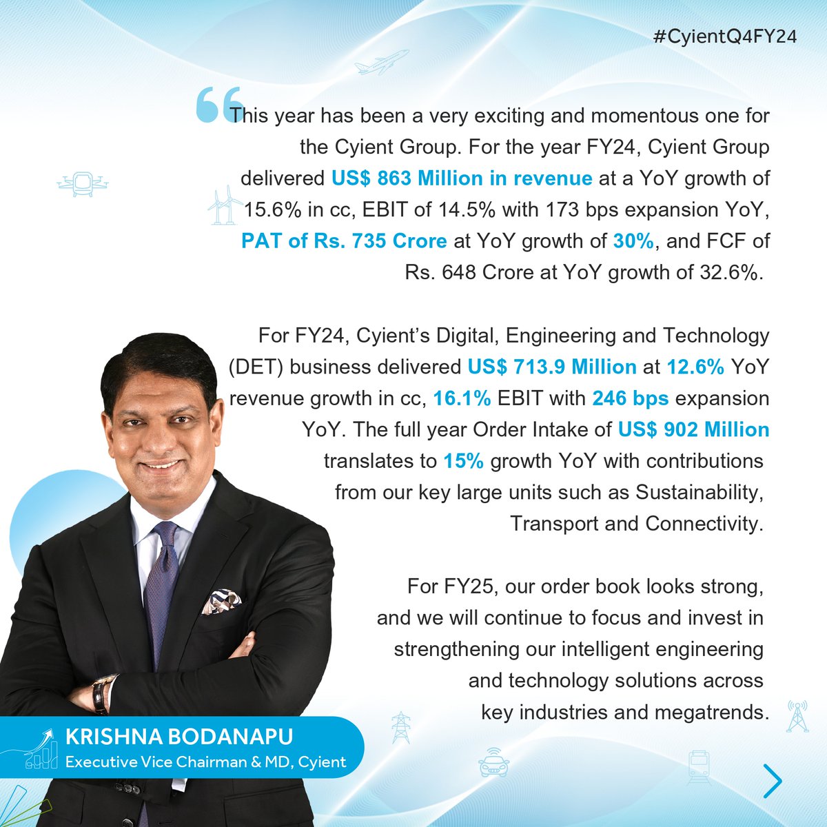 Cyient's tweet photo. Cyient's FY24 financials! 📈 Cyient DET reports revenue of INR 5,911 cr, 16% YoY growth. Big thanks to our #Cyientists & stakeholders for their trust and support.
🔗https://t.co/2tod8DD9nD
#ProudToBeACyientist #Q4FY24 #IntelligentEngineering #DesigningTomorrowTogether https://t.co/Fk72YdBxfq