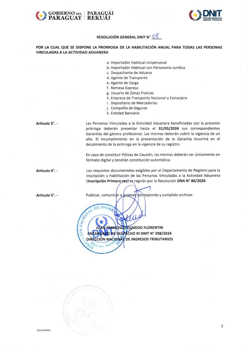 cda_py's tweet image. 📌Resolución General DNIT N° 08 “POR LA CUAL SE DISPONE LA PRÓRROGA DE LA VIGENCIA DE LA HABILITACIÓN ANUAL PARA TODAS LAS PERSONAS VINCULADAS A LA ACTIVIDAD ADUANERA⚠️⚠️
#paraguay #aduana #cdap #despachos #despachantes #exportadores #importadores #Tendencia #comunicado #parati
