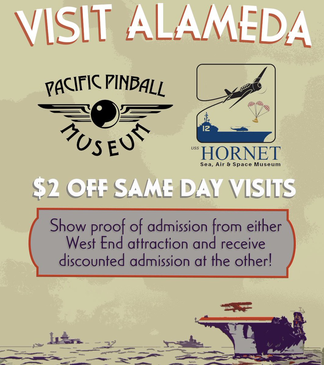 The Pacific Pinball Museum is pleased to announce a special partnership with our neighbors on the West End of Alameda, the @USSHornetMuseum ! Visit one of our nonprofit museums & simply show proof of entry at the other for a $2 discount on admission 🙌🏻 See you soon!! 🥰⚓️⚪️