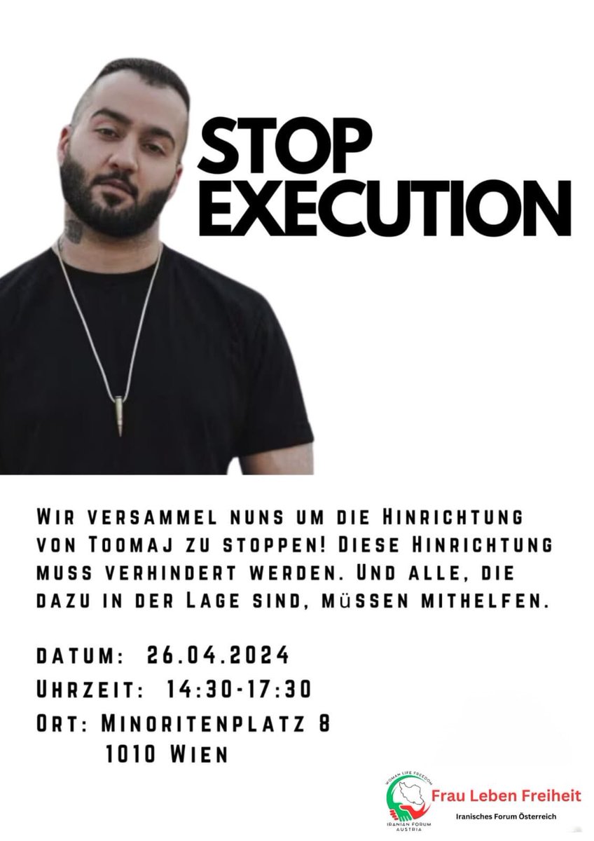 Ich unterstütze diesen wichtigen Protest morgen ab 14:30 vor dem Außenministerium am Minoritenplatz gegen die Vollstreckung der Todesstrafe an dem iranischen Rapper #ToomajSalehi. Das mörderische Vorgehen des iranischen Regimes gegen die eigene Bevölkerung ist unentschuldbar.