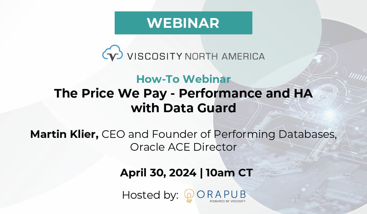 OraPubInc's tweet image. Tune in to our 1.5-hour in-depth How-To webinar on Data Guard for @OraPubInc paid members only, run by @MartinKlierDBA. Balance high availability &amp;amp; performance in #DataGuard setups. 

April 30th | 10 AM CT
Your membership: bit.ly/3V3NNO2
#VNA #OraPub #orcldb