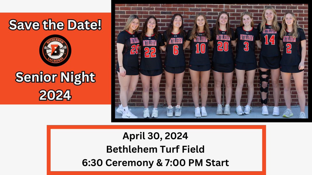 Please join us for Senior Night on Tuesday, April 30th. We are thrilled to recognize 8 talented girls lacrosse players this year. Congratulations to Mae, Gabby, Addison, Ellie, Caroline, Kirsten, Erika and Kait! 🧡🥍🖤 <a href="/BCSDAthletics/">BC Eagle Athletics</a> <a href="/BCGVLAX/">BCGV LAX</a>