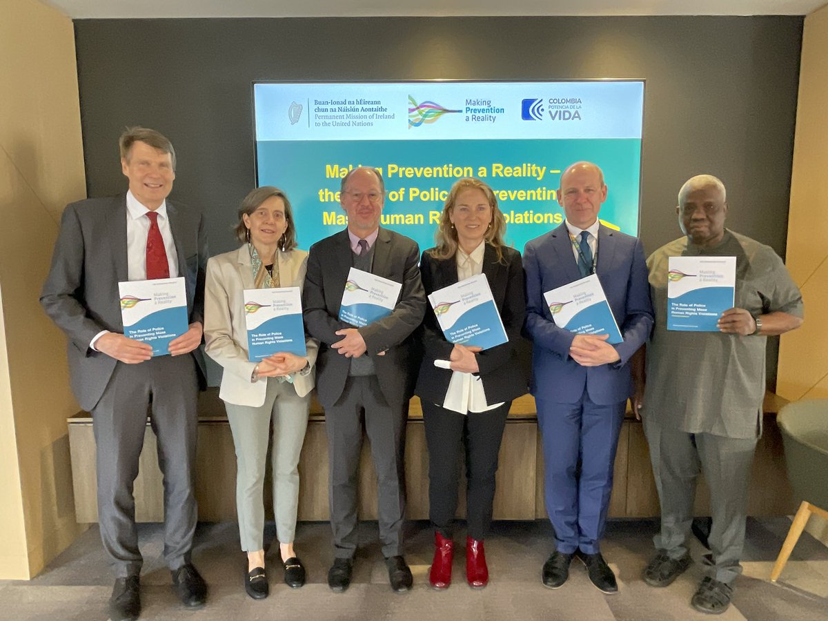 Today, 🇮🇪 &amp; 🇨🇴 launched a report on the role of police in preventing mass human rights violations, as part of a Framework Approach to #Prevention steered by <a href="/nyulaw/">NYU Law</a>’s Pablo de Greiff.

A welcome and timely report amid ongoing discussions on the New Agenda for Peace &amp; the #SOTF.