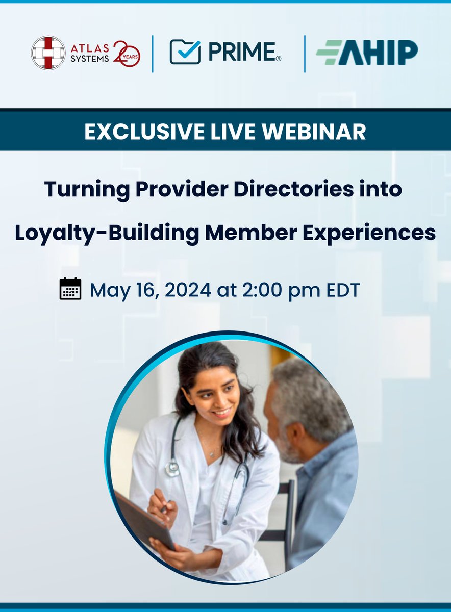 Join an exclusive Atlas PRIME and AHIP webinar session. Learn more about the latest findings on consumer experiences with and feelings about provider directory use. Register now - hubs.li/Q02v39K30
 
#Webinar #HealthPlans #AHIP #AHIP2024 #PRIMEAtlas #AtlasSystems