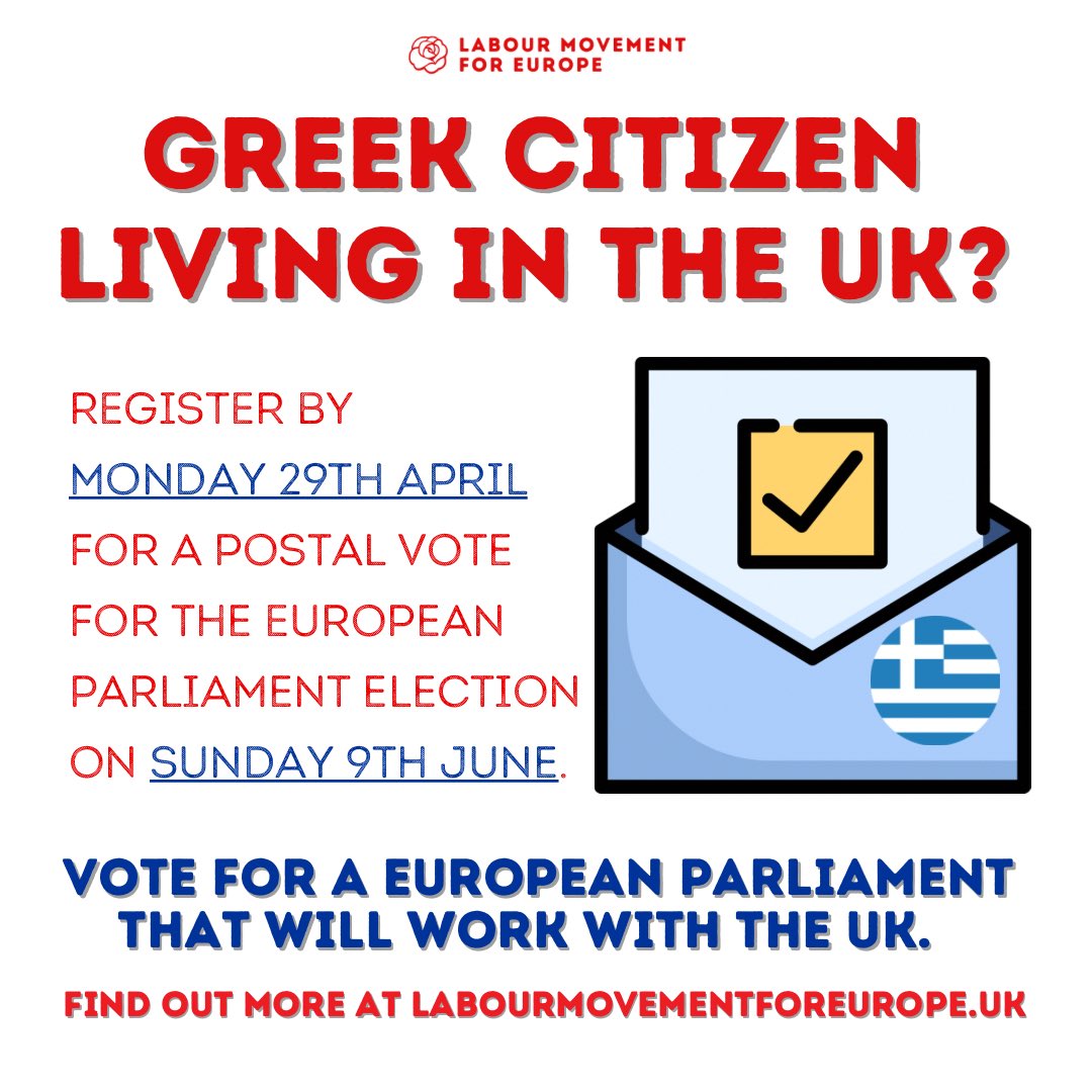Greek living in the UK or know someone who is? You can still vote in the European elections if you register now for a postal vote and help elect a European Parliament that will work with the UK. Find out more in: elections.europa.eu/el/how-to-vote…