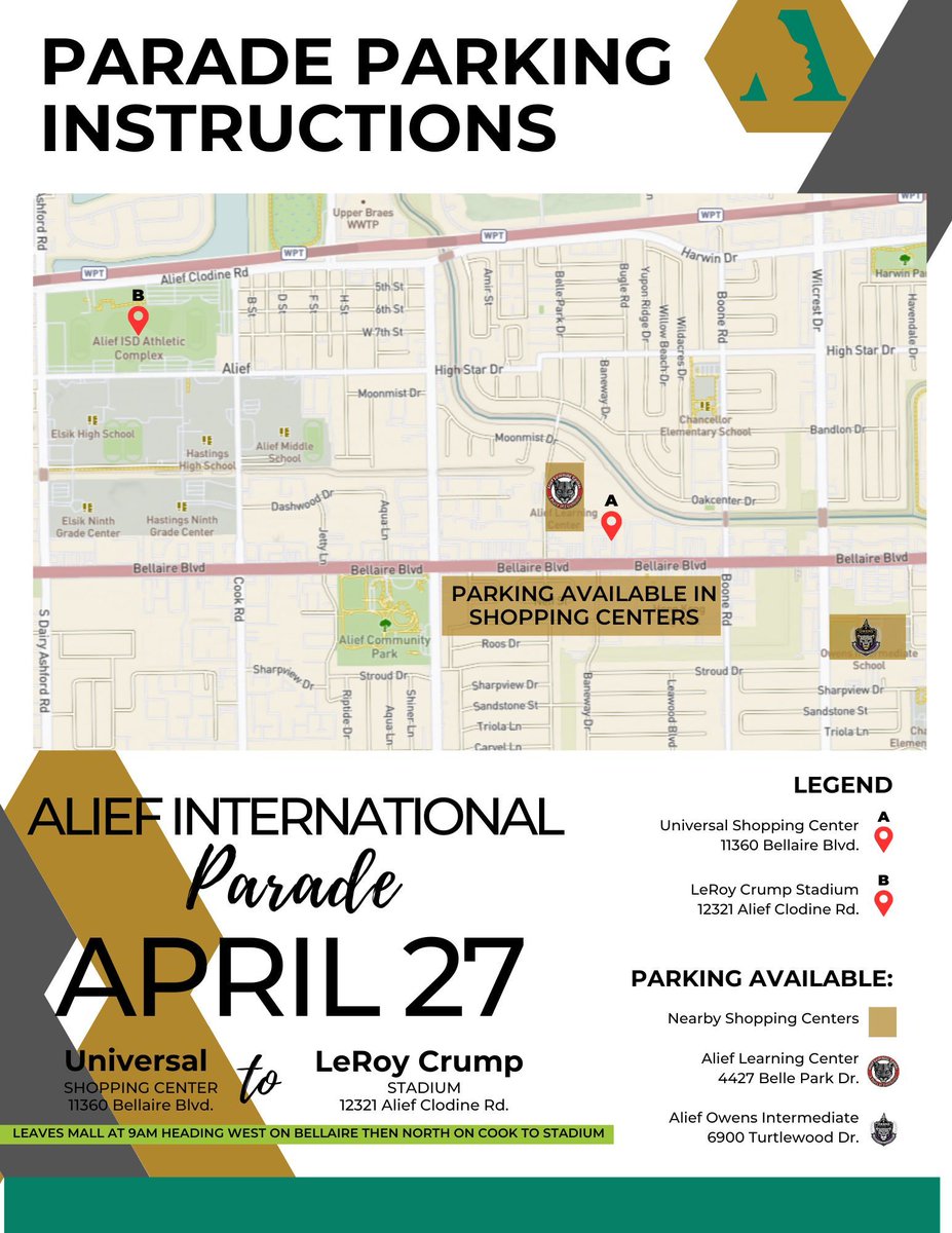 Celebrate the diverse culture of the Alief community with a parade that kicks off at Universal Mall, 11360 Bellaire, and ends at Crump Stadium. FREE family fun awaits this Saturday! See the flyer for parade parking information. #AliefInternationalParade