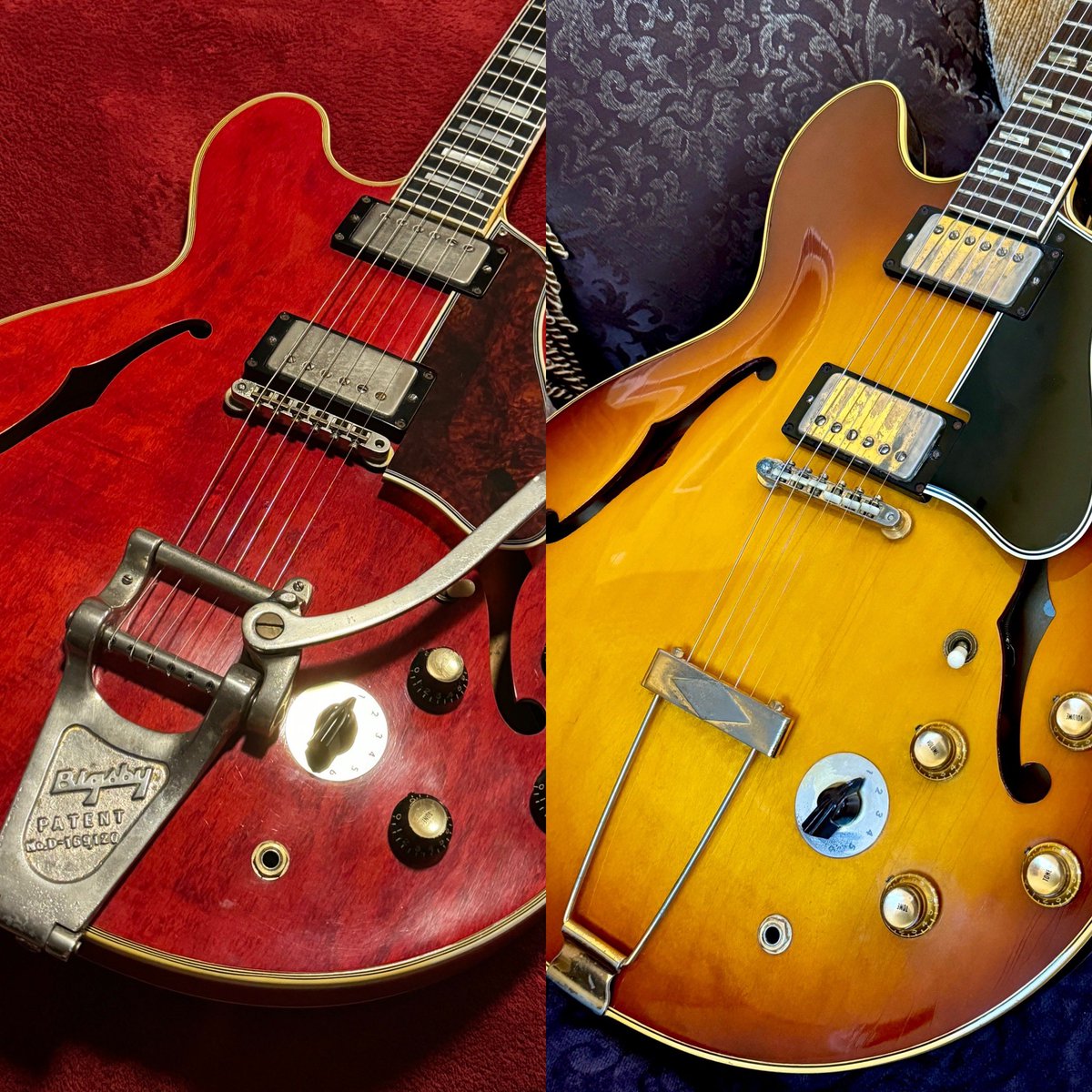 Being home means more time with my guitars. Which do you prefer?  Cherry or Ice Tea?? (‘60 ES 355 and ‘65 ES 345). Both featured on BK3 and cherry one a KISS era guitar!