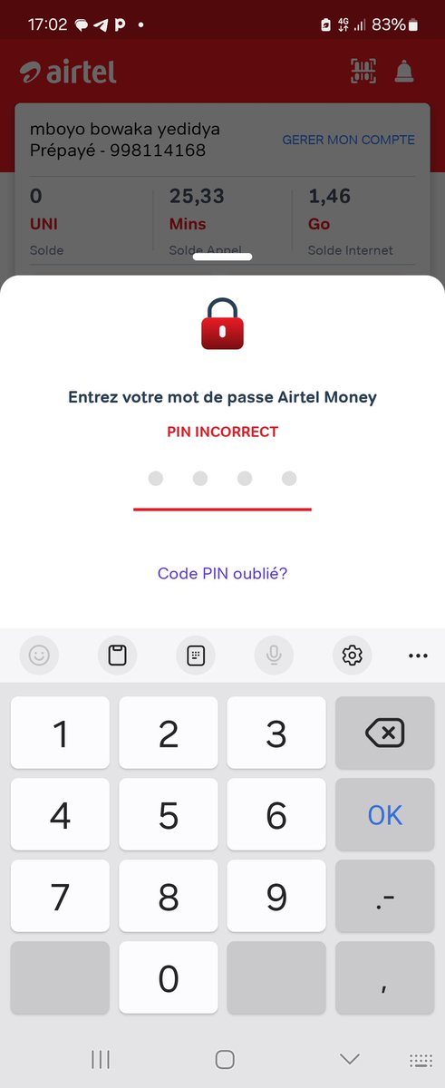 YedMboyo's tweet photo. Bonsoir @moneyairtel_rdc @airtelrdc,
Je me réveille ce matin avec constatant mon pin bloqué. Je ne me rappelle pas que quelqu'un ait touché à mon phone et je pense que c'est une erreur de @airtelrdc
Le NN de l'ancienne carte requise n'est plus disponible.
Que faire donc ? https://t.co/kiWOMaOUIF