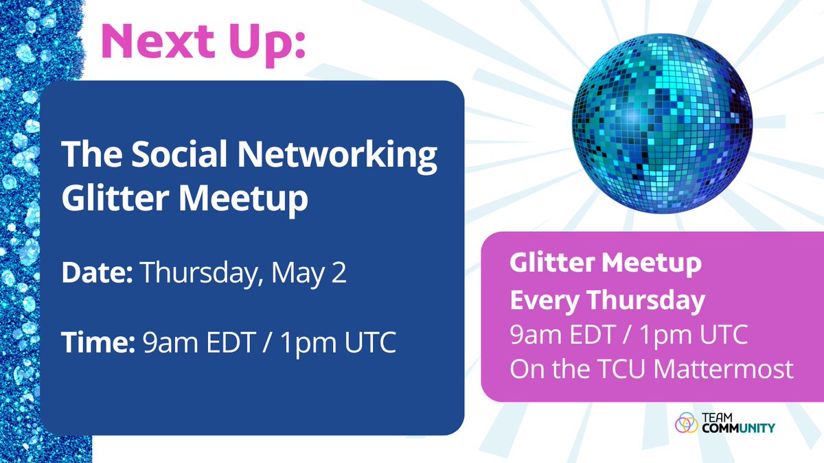 🌈Join the Social Networking Glitter Meetup! A text-based chat where we connect and share our updates, questions and fun stories. We will be happy to hear from you! 💬 👉🏾 See you on Thursday, May 2 at 9am EDT / 1pm UTC on the IF Square. wiki.digitalrights.community/index.php?titl…