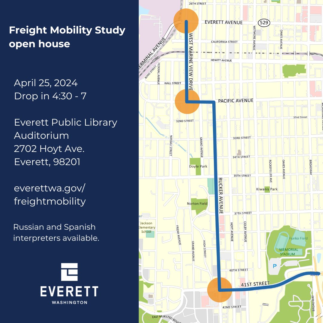 Visit our open house and take our survey! We're planning improvements between I-5 and @PortofEverett to move freight vehicles more efficiently. Your input is valuable! Today (4/25) 4:30-7 p.m. | @eplsdotorg 2702 Hoyt Ave. Learn more and take our survey: everettwa.gov/freightmobility