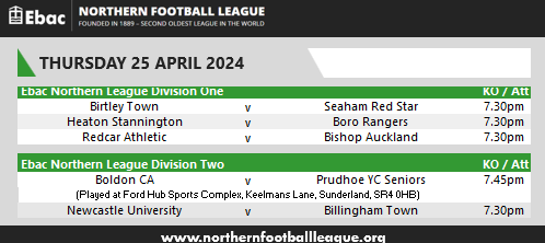 EbacNorthernLge's tweet photo. THURSDAY NIGHT FOOTBALL
Here are this evening's fixtures in the @EbacUK Northern Football League. #ENLMatchday #NorthernLeagueFamily https://t.co/r6yiqp01e8