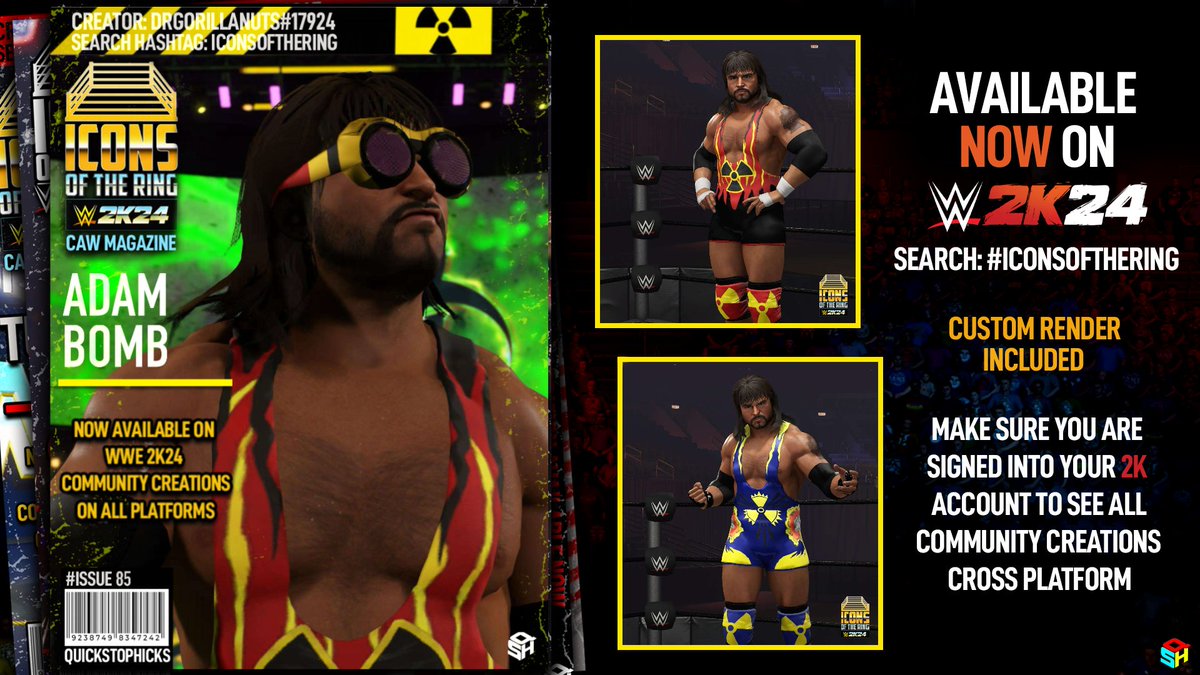 Pick up your copy of #WWE2K24 Icons of the Ring magazine featuring Adam Bomb. Available now! Creator: @DrGorillaNuts Moves: @The_SkyFactor Attire Images: @catchomania Beard Image: @Defract Render: @BigChrisSpirito Magazine Cover: @QuickStopHicks Search: #IconsOfTheRing