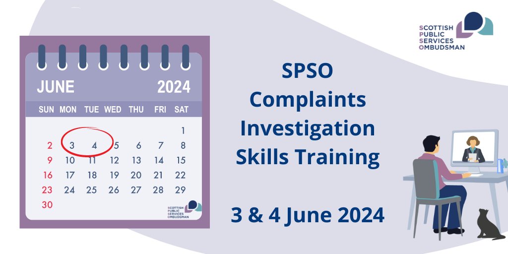 Our next Complaints Investigation Skills sessions will run on Monday 3 and Tuesday 4 June 2024. This training is aimed at staff who investigate complaints at stage 2 of the Model Complaints Handling procedure. Find out more and book on our website here: spso.org.uk/training-cours…