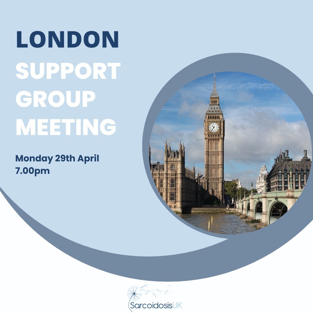 Join us for the next London Support Group meeting taking place on Monday 29th April at 7.00pm! This is a virtual event, taking place on Zoom, and is open to anyone in London and the surrounding areas. Please contact info@sarcoidosisuk.org for more details!