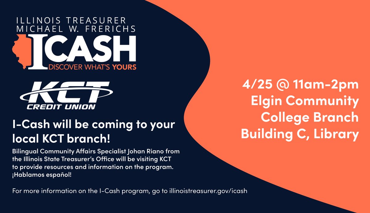 🚨 Don't forget to join us TODAY 🚨📣at @ElginCommColl in Building C, Library for information about the #stateofillinois I-Cash program! Bilingual Representative Johan Riano from the @ILTreasurer's Office will be on-site to answer questions and provide info until 2pm!