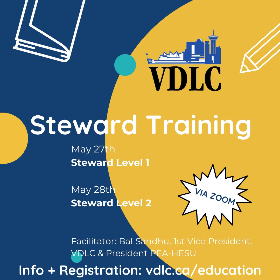 New steward training opportunities!

Level 1: May 27
Level 2: May 28

via Zoom

vdlc.ca/education

#LabourEducation #bclab #canlab #labourlaw #Vancouverdlc #union #UnionStrong