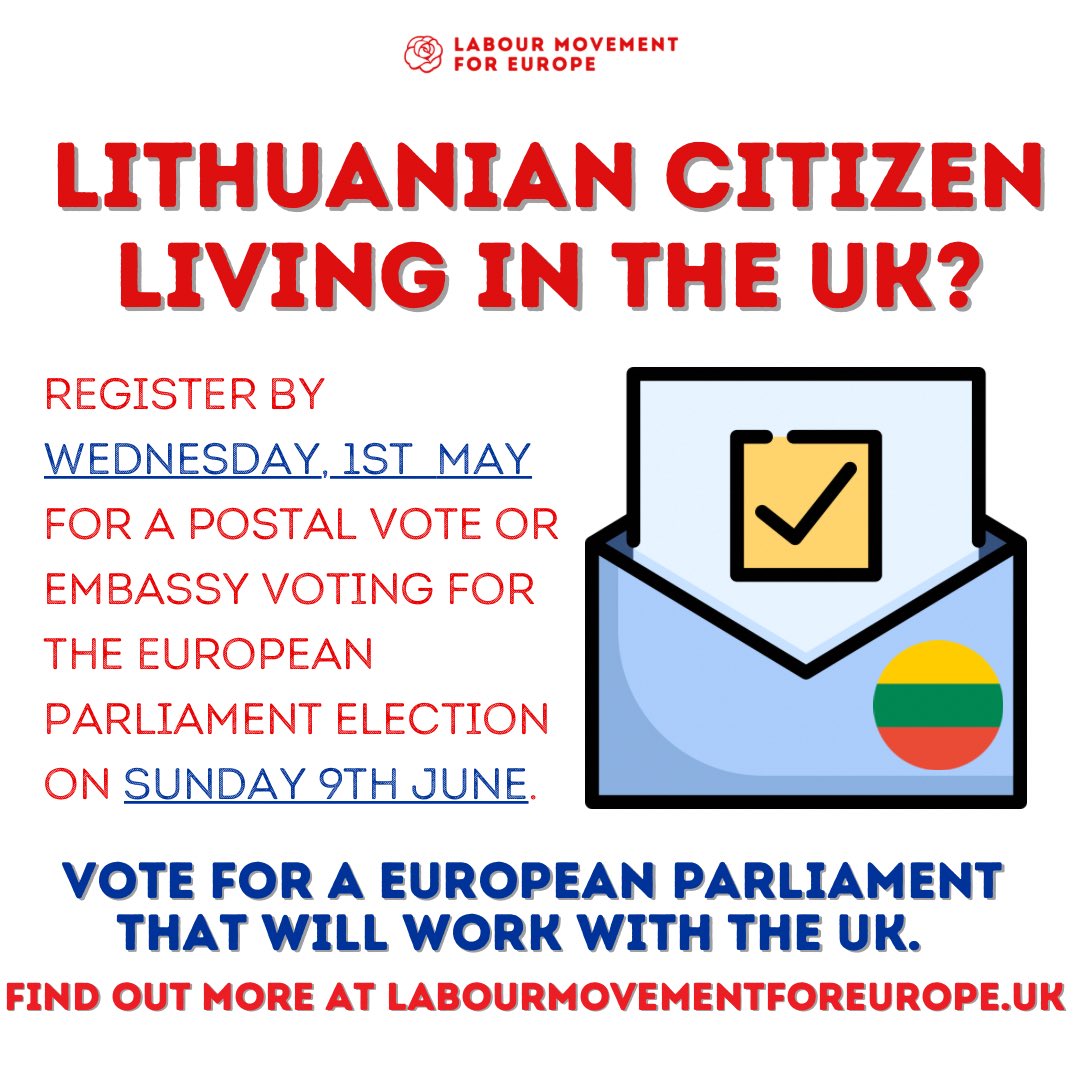 Lithuanian living in the UK or know someone who is? You can still vote in the European elections if you register now for a postal vote and help elect a European Parliament that will work with the UK. Find out more in: elections.europa.eu/lt/how-to-vote…