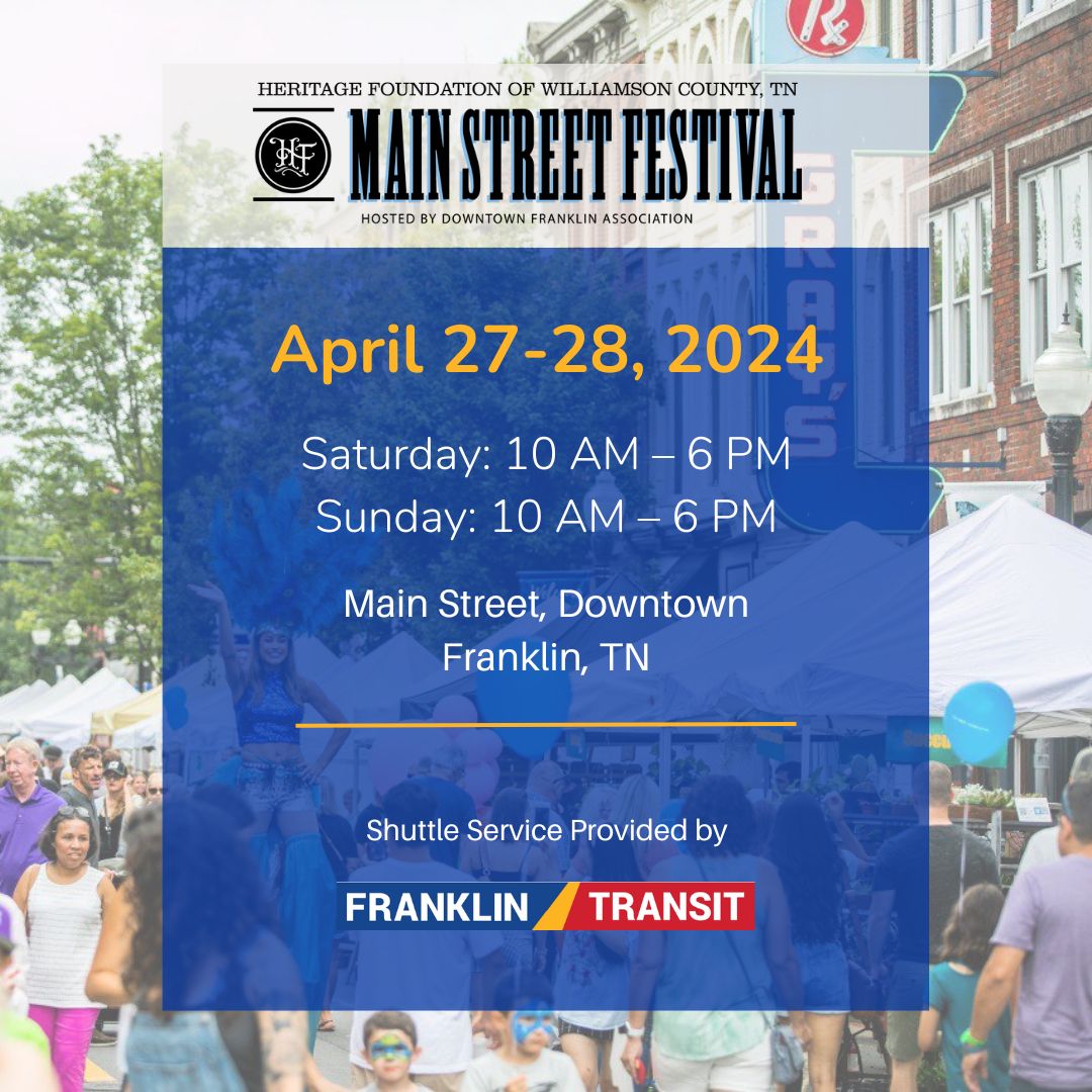FranklinTransit's tweet image. Main Street Festival is here!☀️

Franklin Transit will be providing shuttle service to and from the festival starting at 10:00 AM Saturday morning and 11:00 am on Sunday morning. Learn more on our website! 🔗

#mainstreetfestival #franklintn #visitfranklin #tmagroup